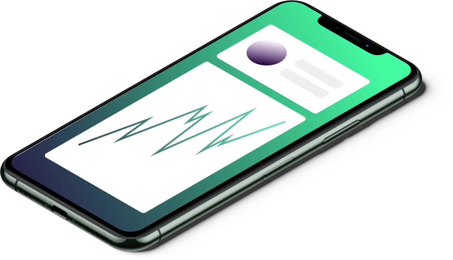 A smartphone displaying a green UI
       with a profile section and a sharp-peaked graph.